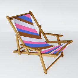 [ Thumbnail: Brown, Lavender, Hot Pink & Royal Blue Colored Lined/Striped Pattern Sling Chair ]