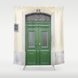 The green door nr. 9 art print - vintage doors in Alfama, Lisbon, Portugal - travel photography Shower Curtain