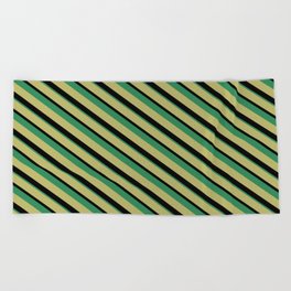 [ Thumbnail: Dark Khaki, Black & Sea Green Colored Lines Pattern Beach Towel ]