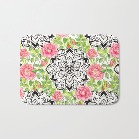 Peach Pink Roses and Mandalas on Lime Green and White Bath Mat