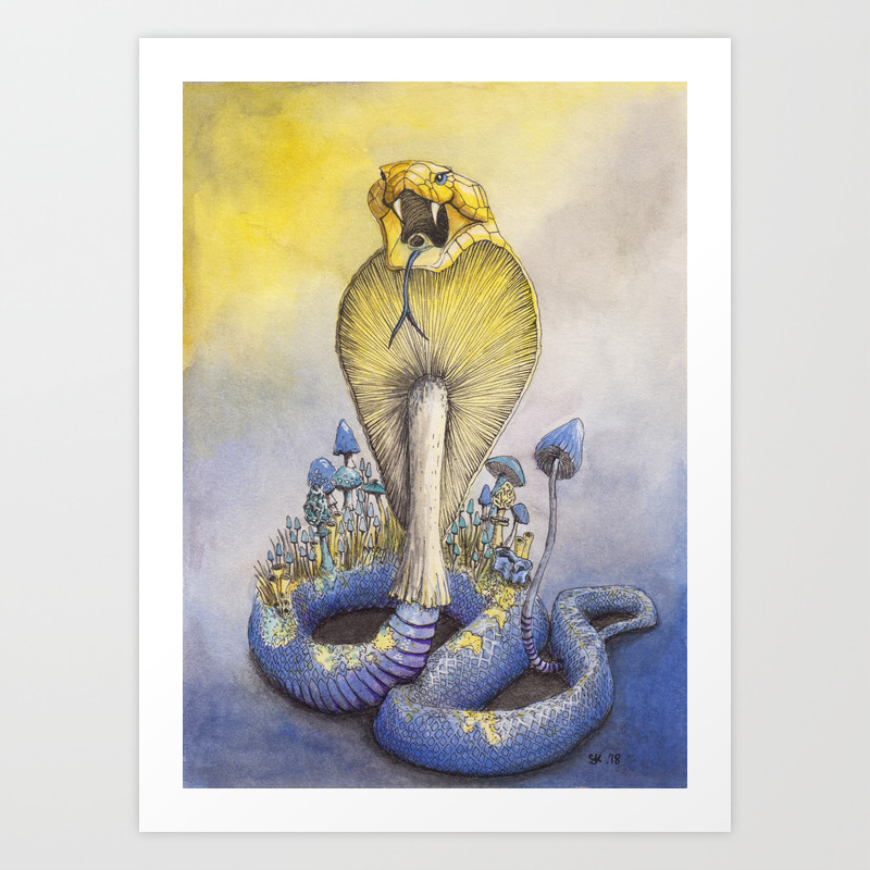 Poisonous King Cobra And Mushroom Watercolor Illustration Art