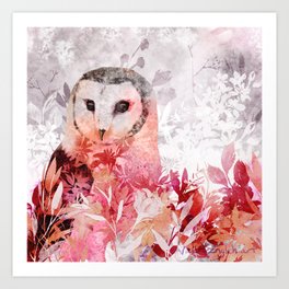 Barn Owl in Pink Flower Field Art Print