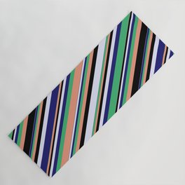 [ Thumbnail: Eyecatching Sea Green, Dark Salmon, Black, Lavender & Midnight Blue Colored Lines/Stripes Pattern Yoga Mat ]