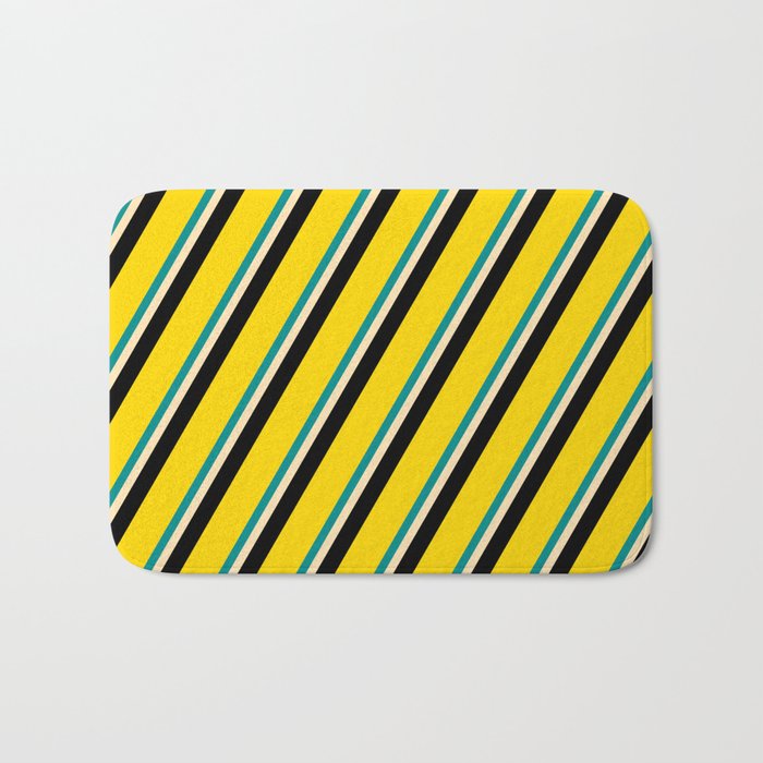 Dark Cyan, Beige, Black & Yellow Colored Stripes/Lines Pattern Bath Mat