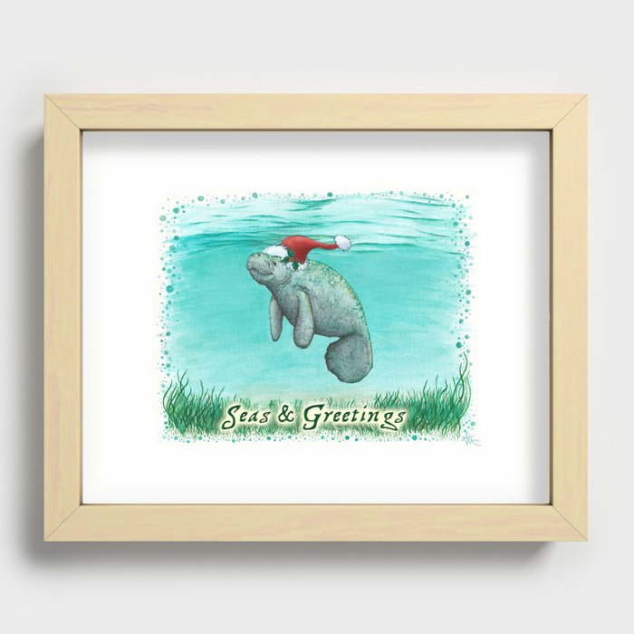 Seas and Greetings ~ "Mossy Manatee" by Amber Marine ~ Watercolor ~ (Copyright 2016) Recessed Framed Print
