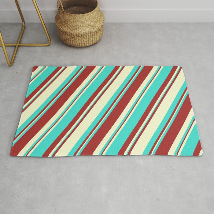 Brown, Light Yellow, and Turquoise Colored Lined Pattern Rug
