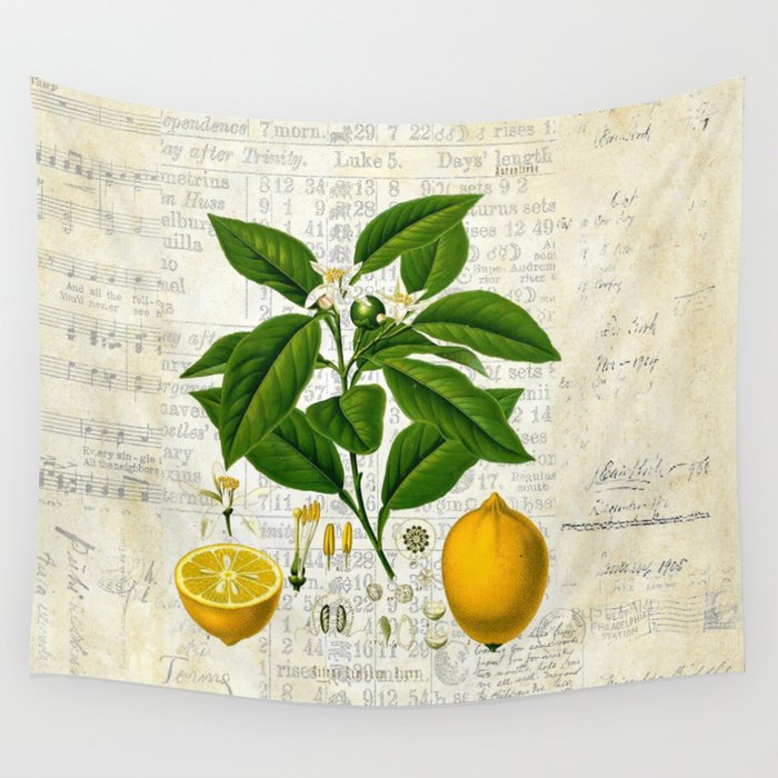 Lemon Botanical print on antique almanac collage Wall Tapestry