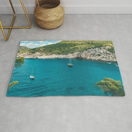 Spain Photography - Beautiful Turquoise Water With Sailboats Area & Throw Rug