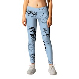 Pale Blue And Black Silhouettes Of Vintage Nautical Pattern Leggings