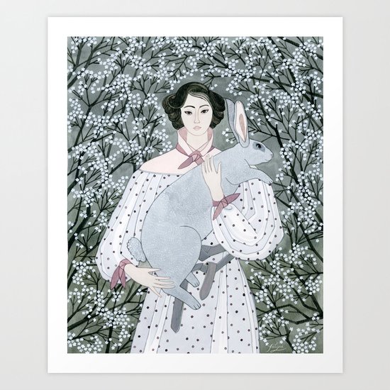 Girl and rabbit among flowers Art Print