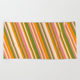 [ Thumbnail: Green, Dark Orange, Bisque, and Light Coral Colored Lines Pattern Beach Towel ]