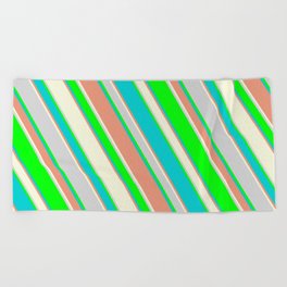 [ Thumbnail: Lime, Dark Turquoise, Dark Salmon, Beige, and Light Gray Colored Stripes/Lines Pattern Beach Towel ]