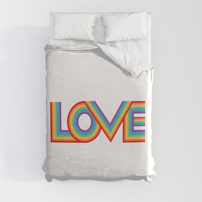 Love in Rainbow Stripes on White Duvet Cover