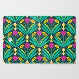 Art deco floral pattern in green, pink, and yellow Cutting Board