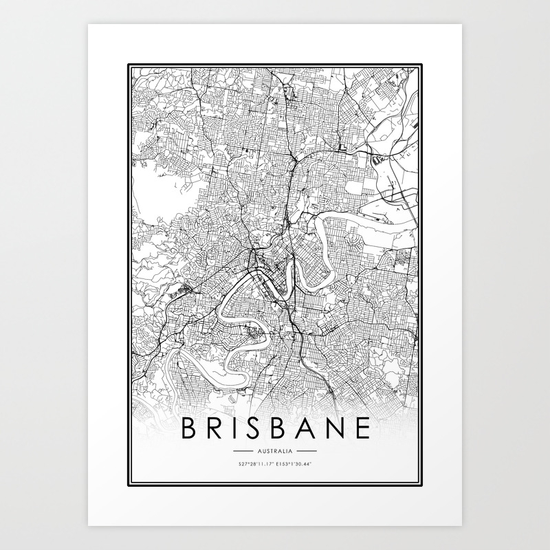 Brisbane City Map Australia White And Black Art Print By Victorialyu Society6