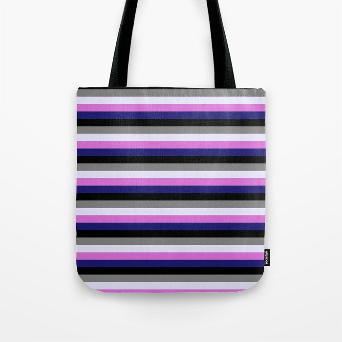 Colorful Orchid, Midnight Blue, Black, Grey, and Lavender Colored Pattern of Stripes Tote Bag