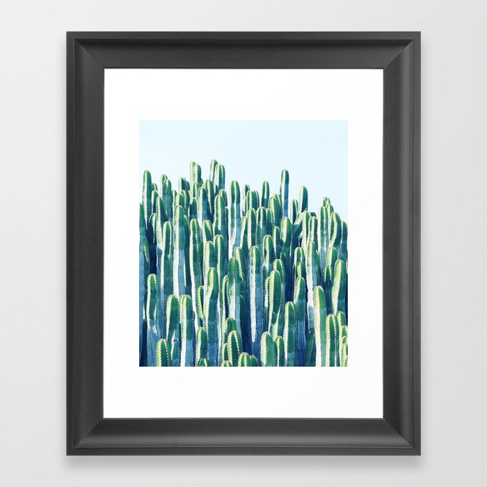 Cactus, Nature Botanical Blue Green Photography, Eclectic Jungle Scenic Summer Neutral Plants Framed Art Print