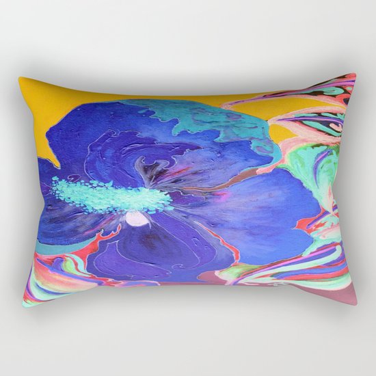Birthday Acrylic Blue Orange Hibiscus Flower Painting with Red and Green Leaves Rectangular Pillow