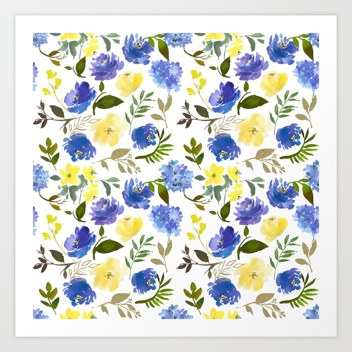 Hand Painted Yellow Blue Watercolor Leaves Floral Pattern Art