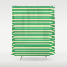 [ Thumbnail: Sea Green and Tan Colored Lined/Striped Pattern Shower Curtain ]