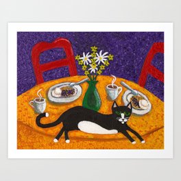 Tuxedo Cat and Coffee on a Colorful Table Art Print