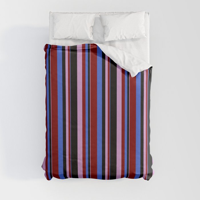 Royal Blue, Maroon, Plum, and Black Colored Striped/Lined Pattern Duvet Cover