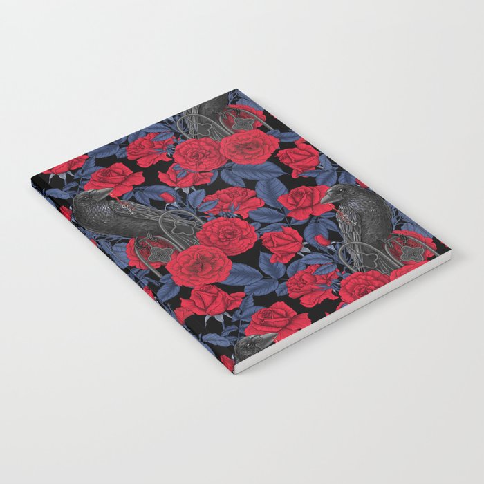 Ravens and red roses with blue leaves Notebook