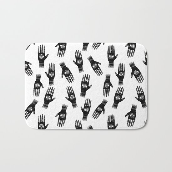 Linocut hand and eye black and white minimal modern pattern Bath Mat