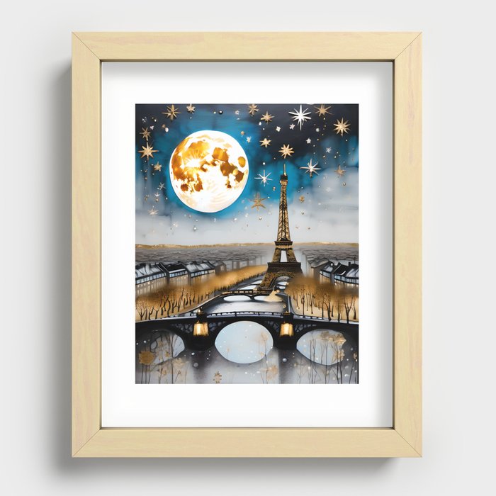 Christmas In Paris - Eiffel Tower Gold and Silver Landscape Winter Art Recessed Framed Print