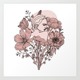 Woman with Flowers Abstract Line Art Art Print