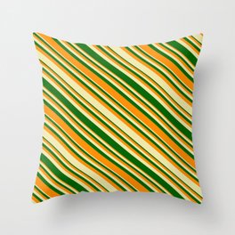 [ Thumbnail: Pale Goldenrod, Dark Green, and Dark Orange Colored Lined/Striped Pattern Throw Pillow ]