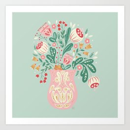 Folk Art Kitty Vase - Mint Art Print