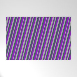 [ Thumbnail: Dark Violet, Dark Gray, and Dark Slate Gray Colored Striped Pattern Welcome Mat ]