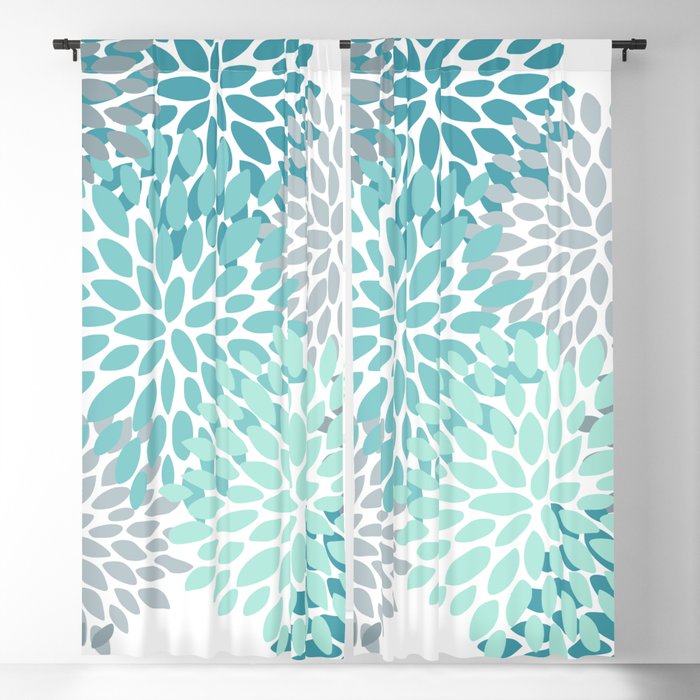 Floral Pattern, Aqua, Teal, Turquoise and Gray Blackout Curtain
