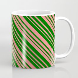 [ Thumbnail: Dark Green & Light Coral Colored Lined/Striped Pattern Coffee Mug ]