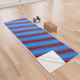 [ Thumbnail: Blue & Dark Red Colored Striped/Lined Pattern Yoga Towel ]