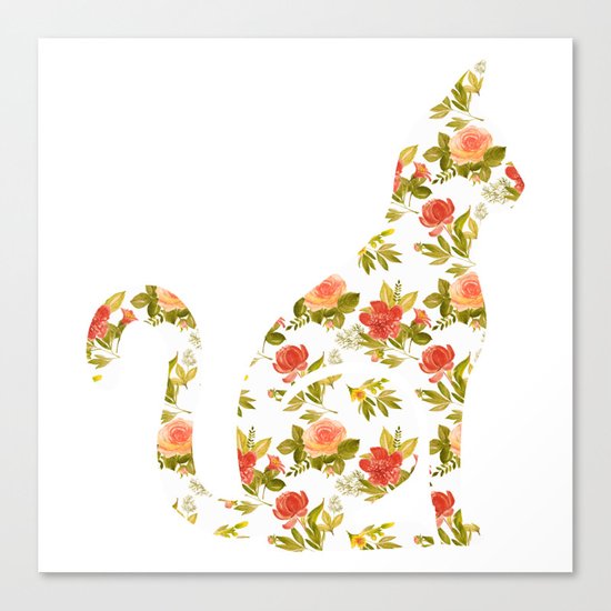 Roses and Peonies Cat Silhouette Canvas Print
