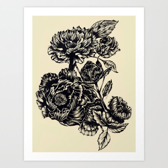 Peonies, black & white Art Print