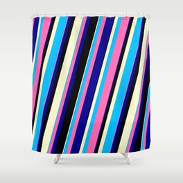 [ Thumbnail: Vibrant Deep Sky Blue, Hot Pink, Dark Blue, Black, and Light Yellow Colored Lines/Stripes Pattern Shower Curtain ]