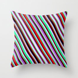 [ Thumbnail: Lavender, Green, Red, Black & Orchid Colored Lines/Stripes Pattern Throw Pillow ]