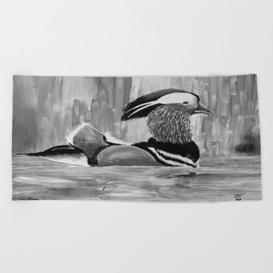 Mandarin Duck at Night Enjoying the Reflection on the Water Beach Towel
