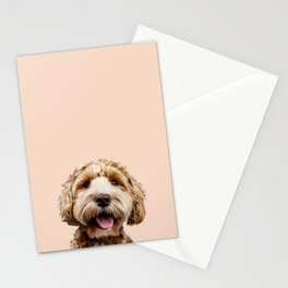 Happy Goldendoodle on Pastel Pink Background Stationery Card