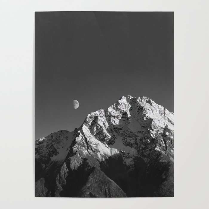 Moon Over Pioneer Peak B&W Poster