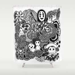 Ghibli  inspired black and white doodle art Shower Curtain