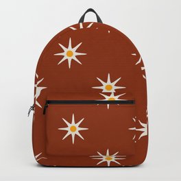 Atomic mid century retro star flower pattern in burnt orange background Backpack