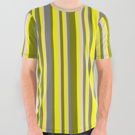 [ Thumbnail: Green, Yellow, Tan & Grey Colored Lined/Striped Pattern All Over Graphic Tee ]
