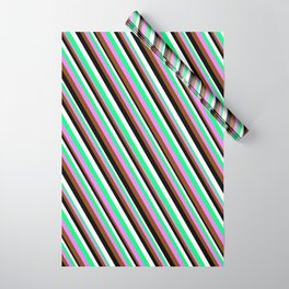 [ Thumbnail: Colorful Green, Violet, Brown, Black & White Colored Stripes Pattern Wrapping Paper ]