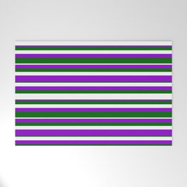 [ Thumbnail: Dark Green, White & Dark Violet Colored Lined Pattern Welcome Mat ]