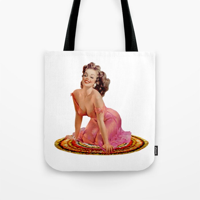 Brunette Pin Up With Pink Dress on Colorful Rug Tote Bag