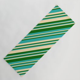 [ Thumbnail: Light Sea Green, Beige, and Dark Green Colored Lined Pattern Yoga Mat ]